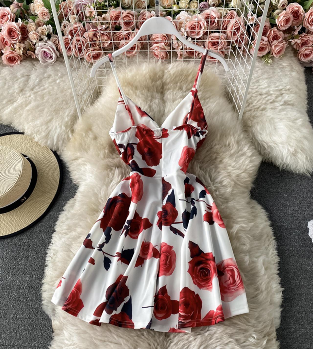 Cute A line floral dress short dress 774