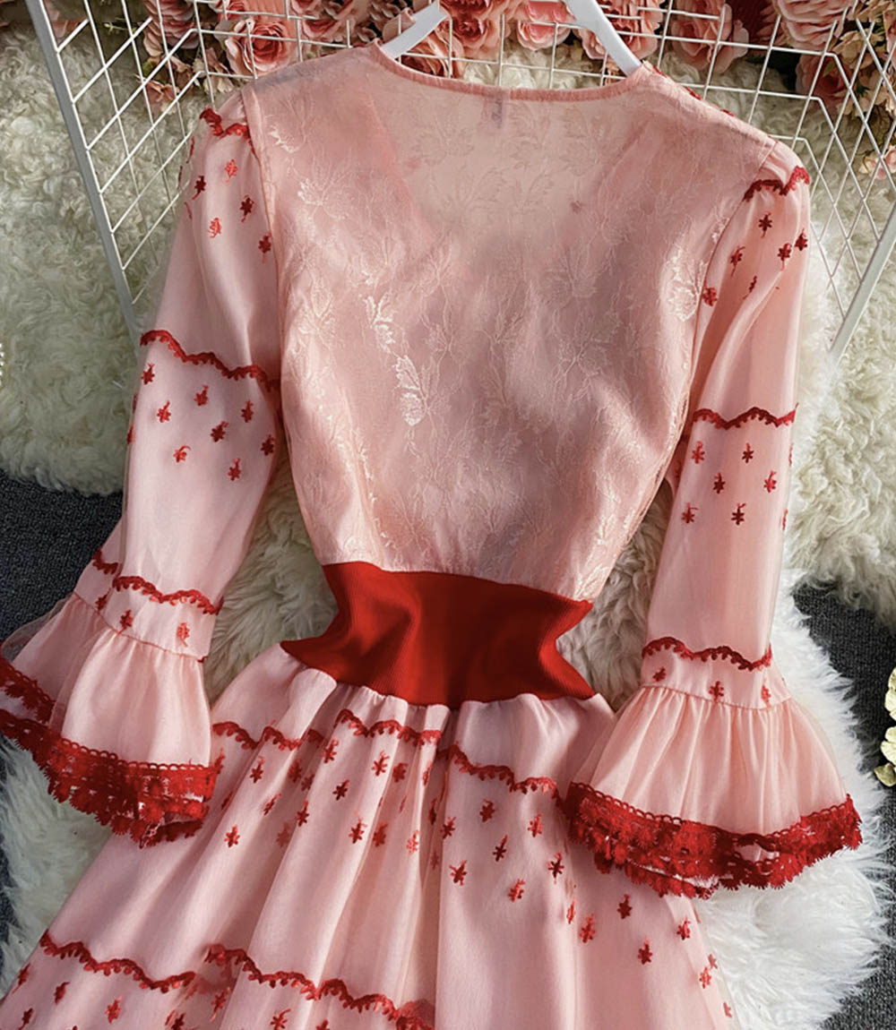 Pink A line lace short dress fashion dress 842