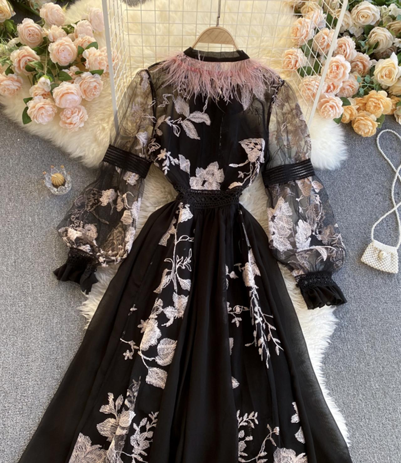 Unique A line embroidery dress black dress 828