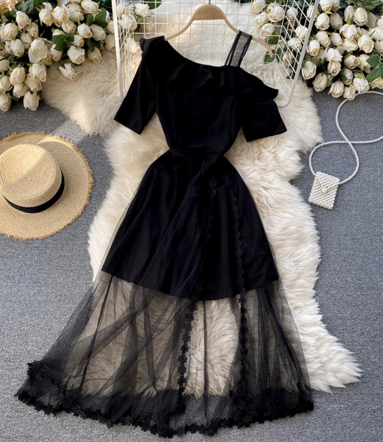 Black one shoulder dress black lace dress 785