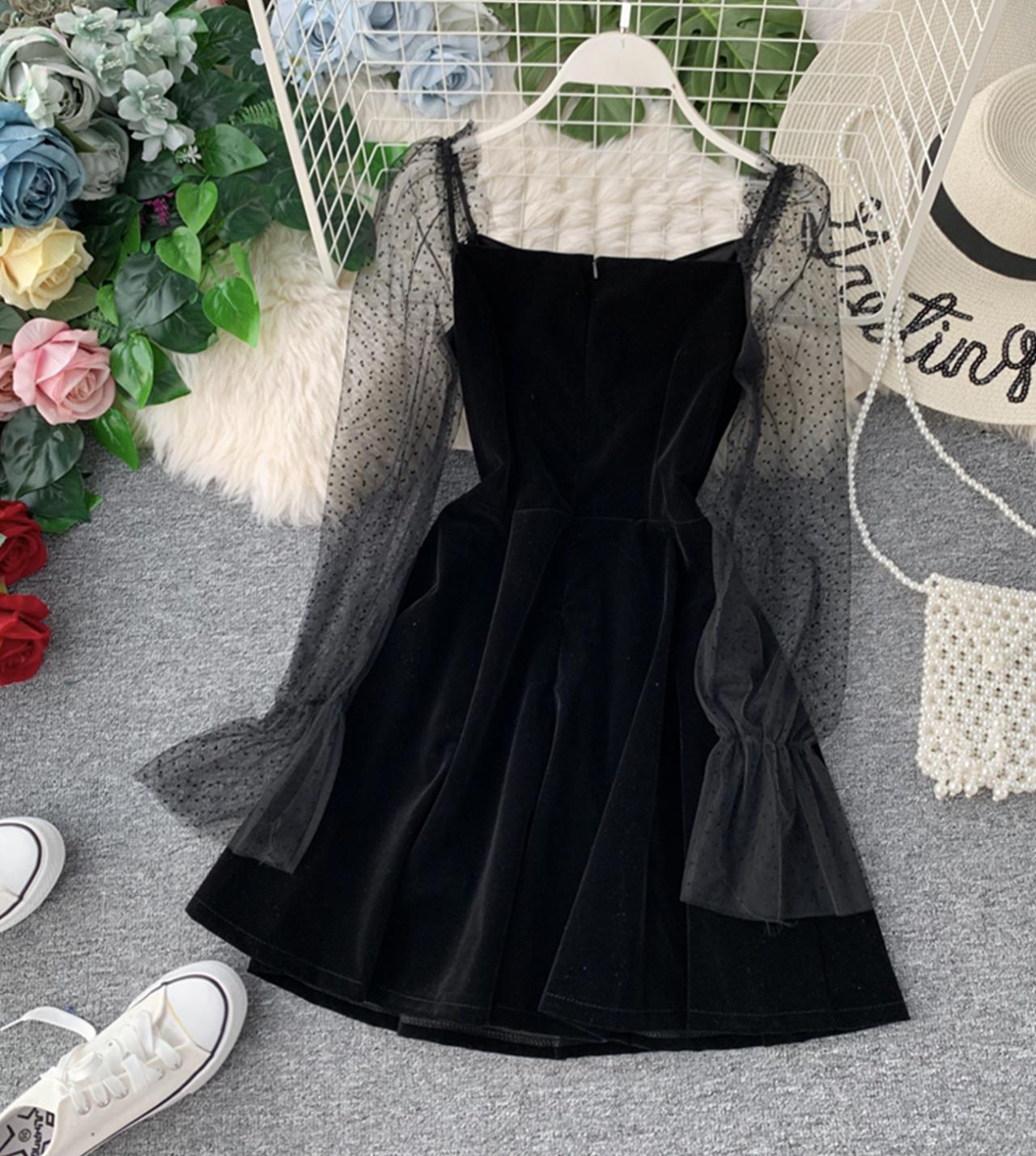 Black velvet short dress long sleeve dress 805