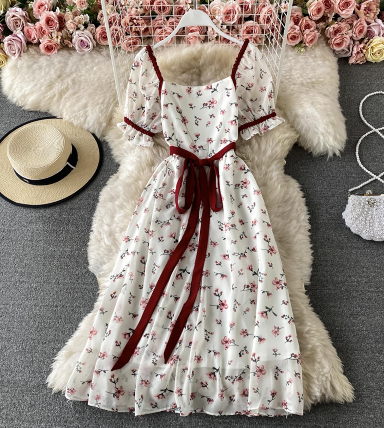 Cute A line floral dress short dress 807