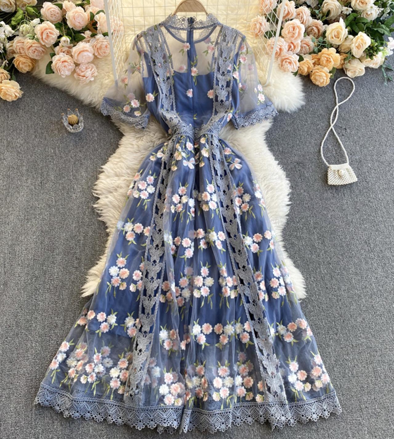 High quality lace short dress blue A line dress 796