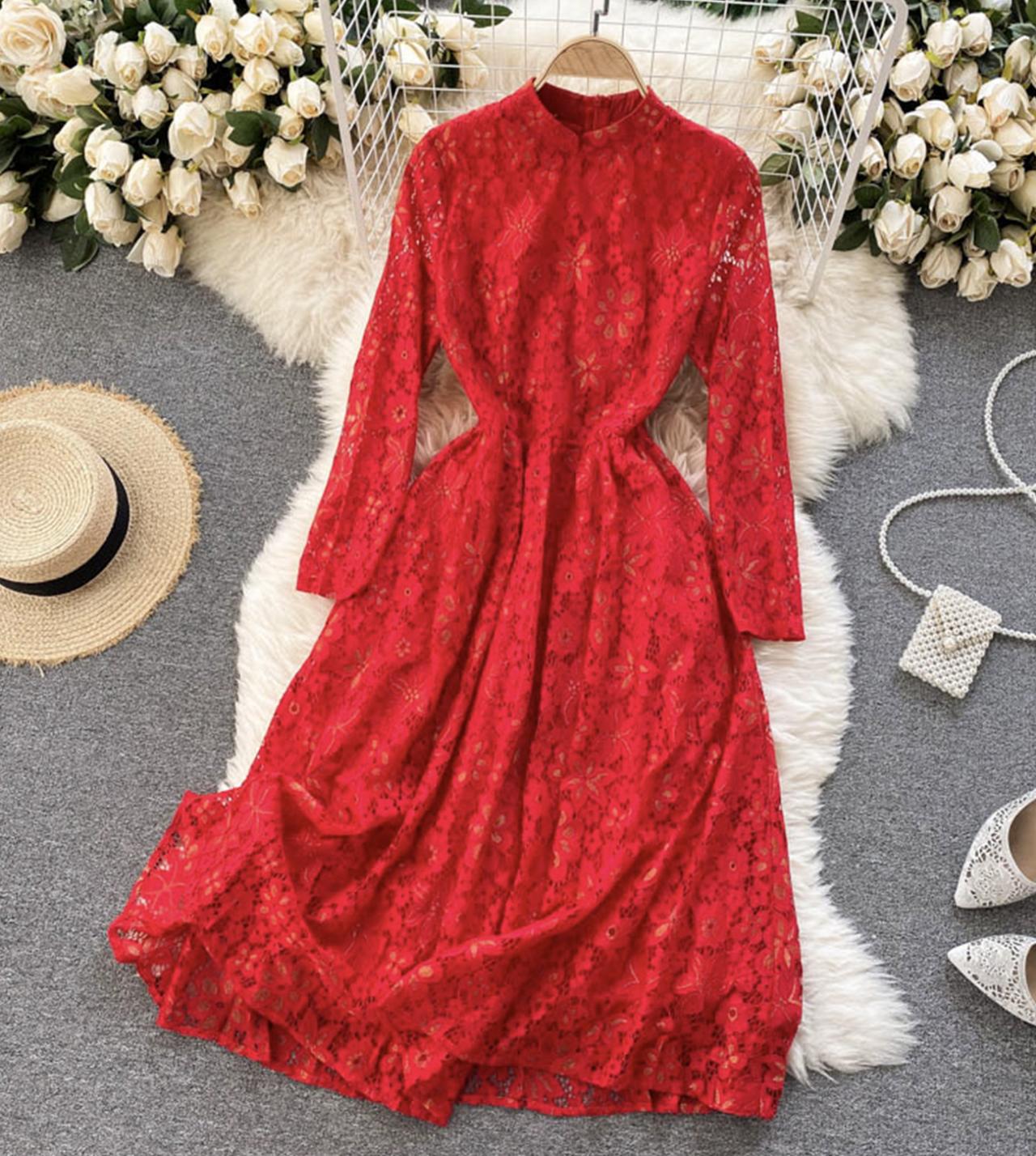 Elegant lace long sleeve dress A line dress 776