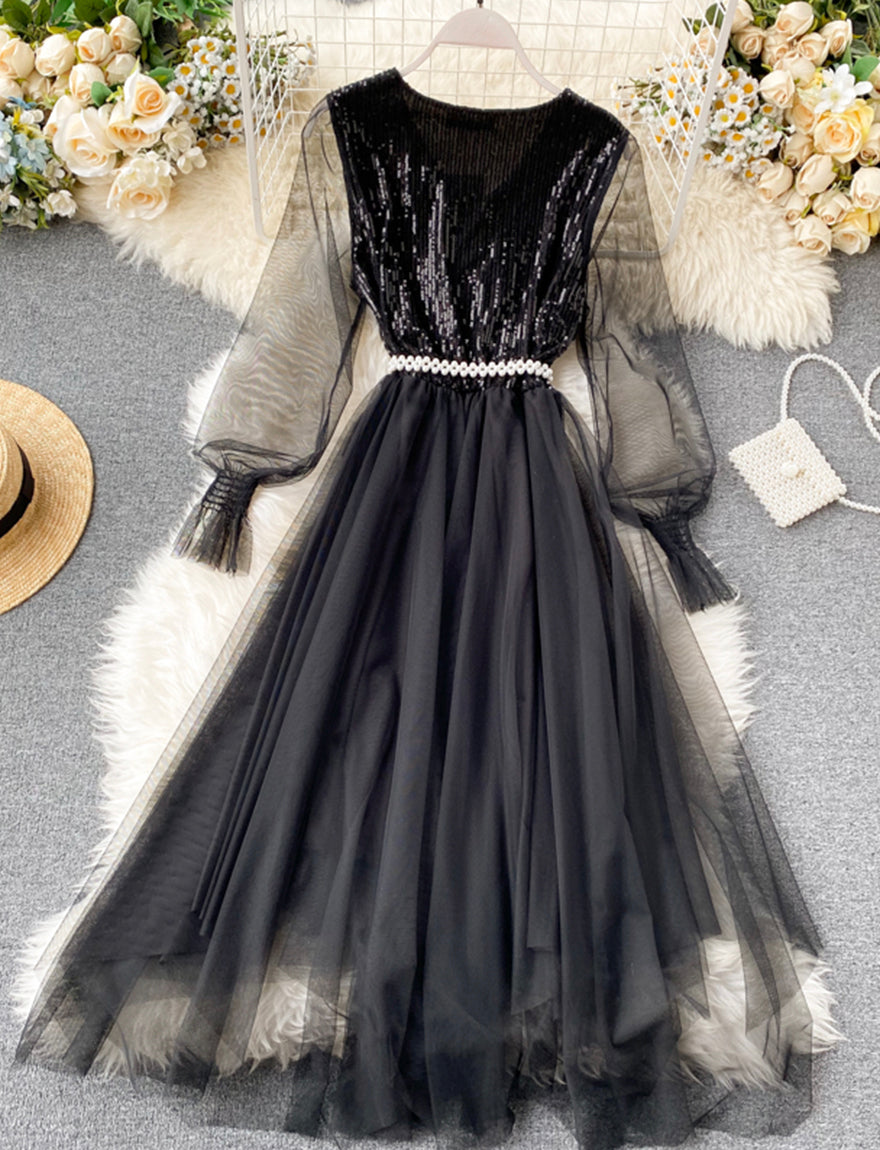 Cute v neck tulle sequins dress girl dress 1172