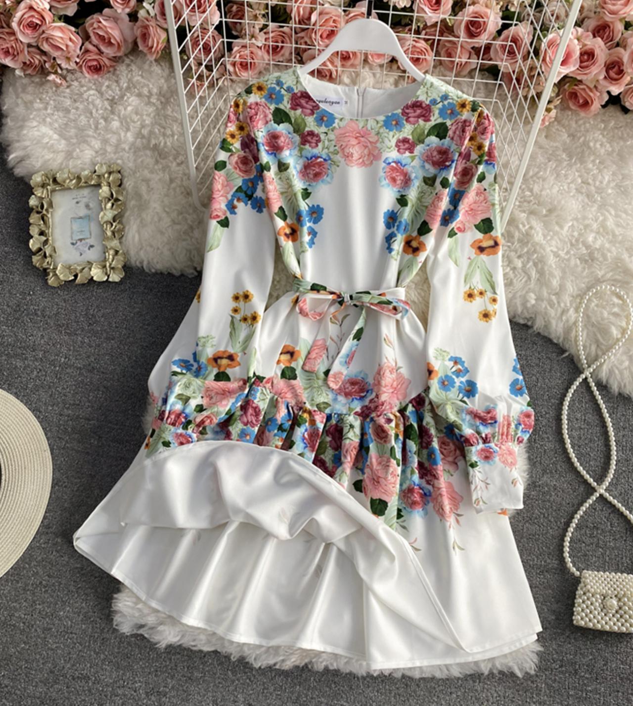 Stylish A line floral dress long sleeve dress 803