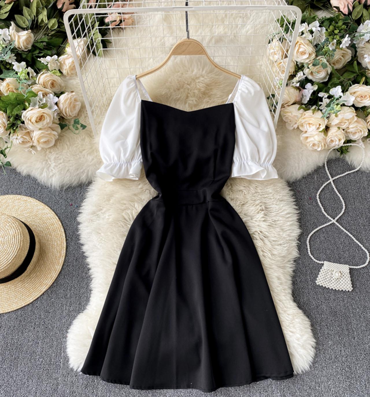 Black lace up short dress A line fashion dress 741