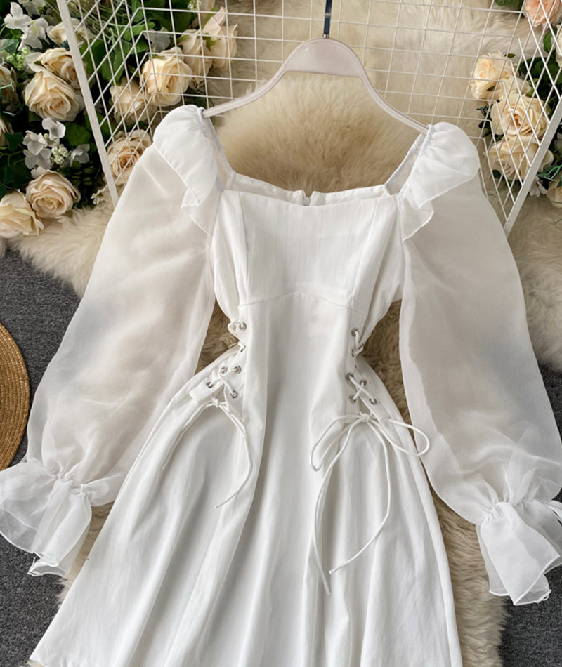 Cute A line short dress long sleeve waist dress 1034