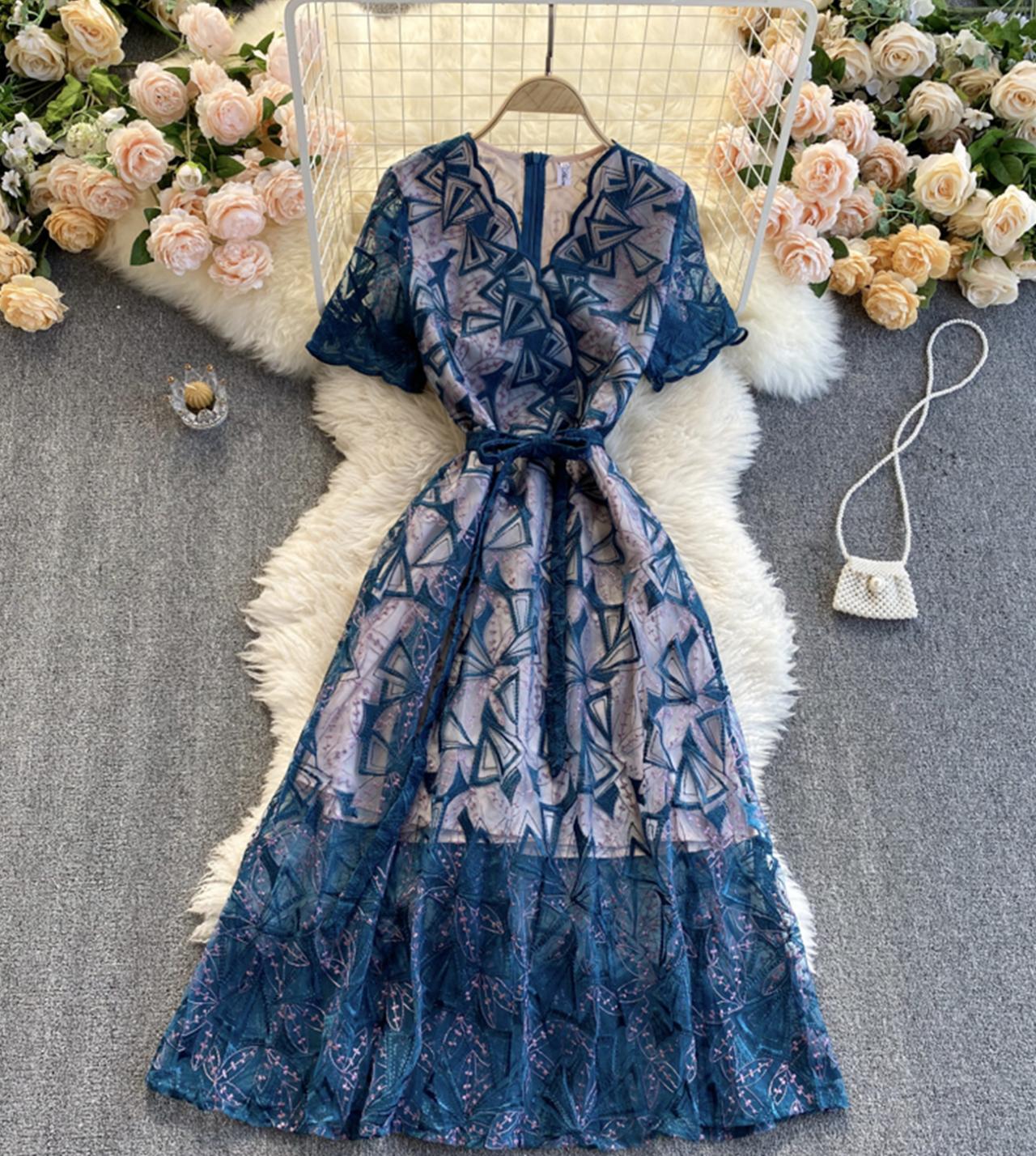 Blue v neck lace dress party dress 800