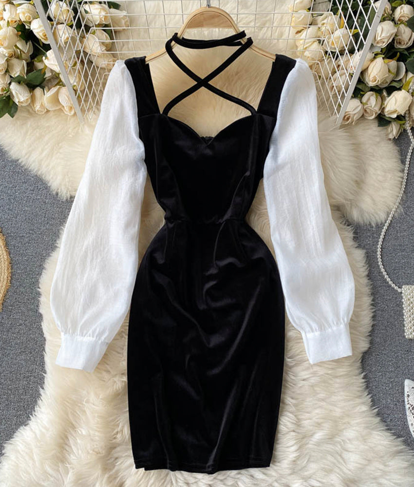 Black velvet and white dress long sleeve dress 905