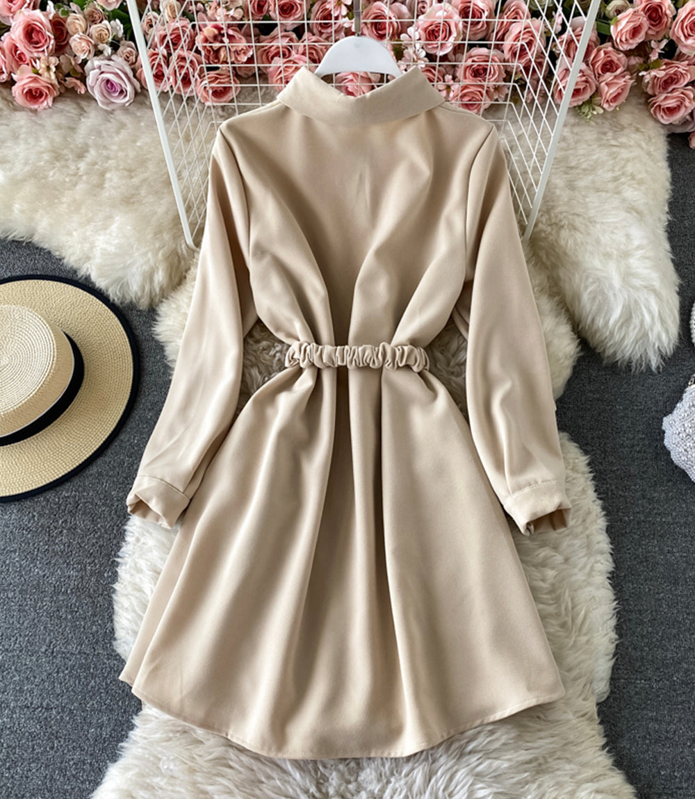 Simple A line long sleeve shirt dress 874