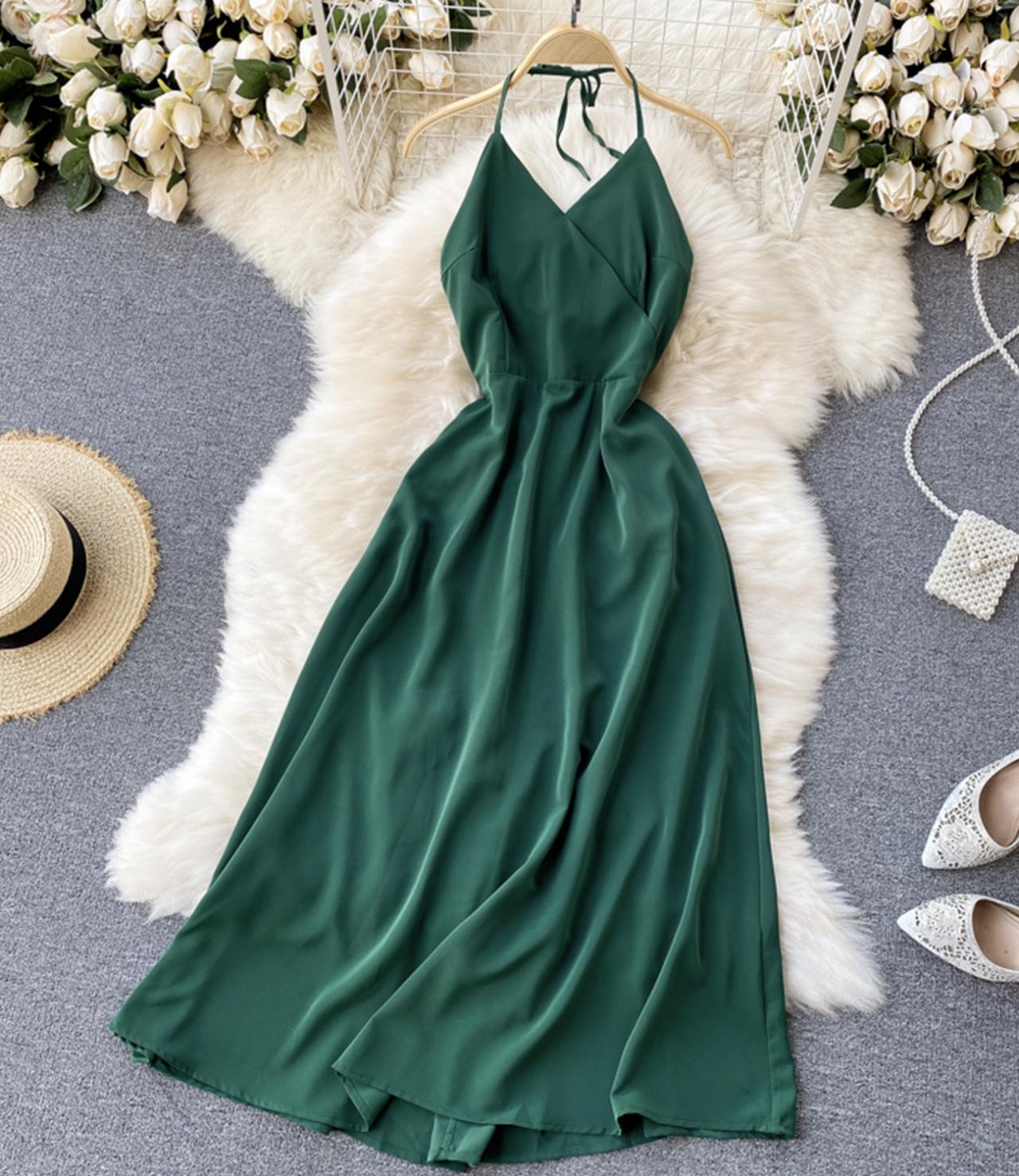 Simple A line v neck dress lace up dress 755