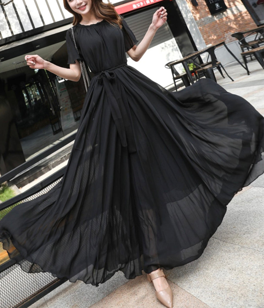 Robe longue en mousseline noire pour femme 1191