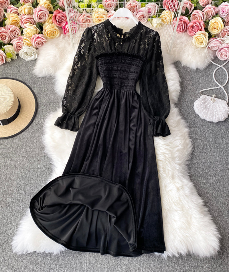 Elegant black velvet lace dress long sleeve dress 986