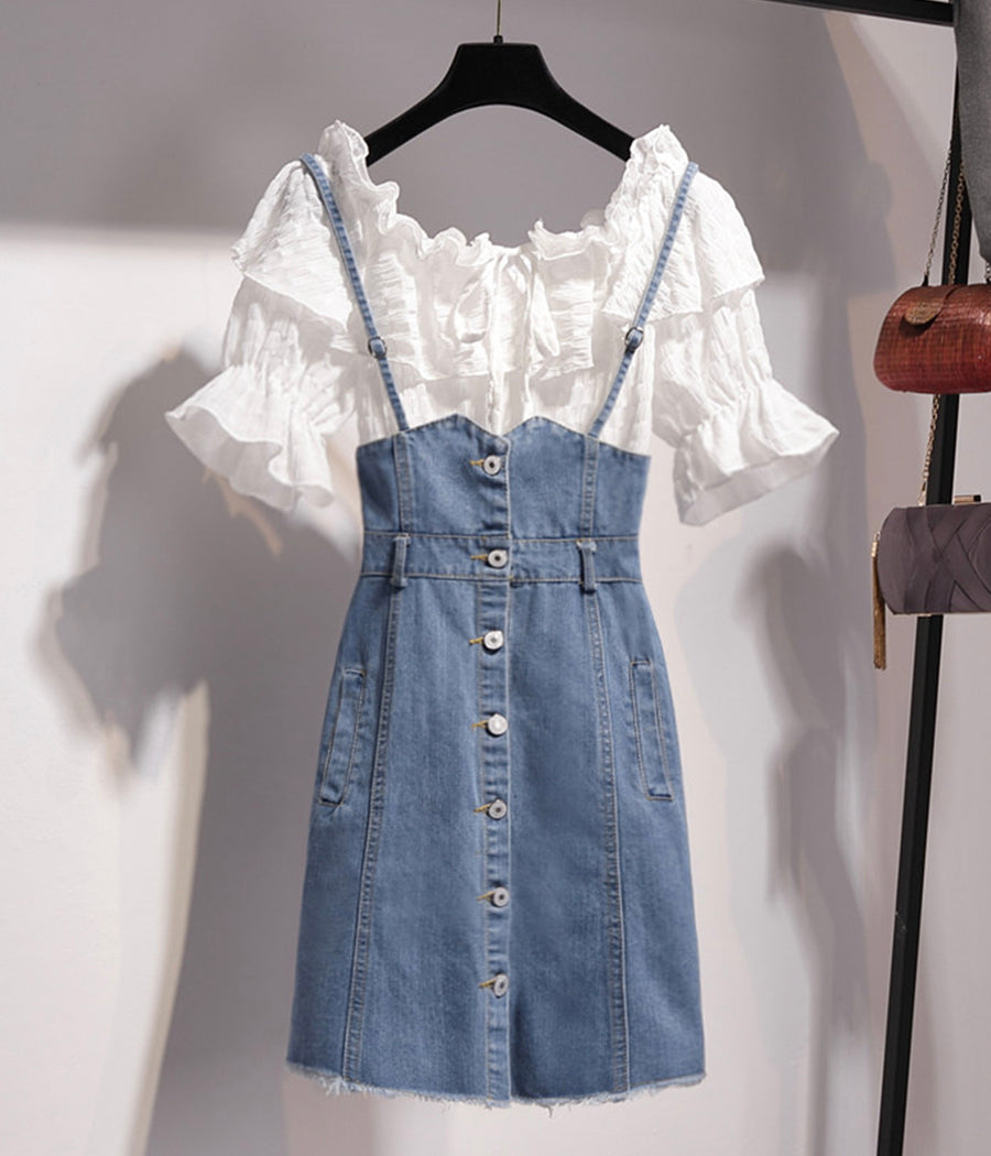 Cute white ruffled top + strap denim skirt 1278