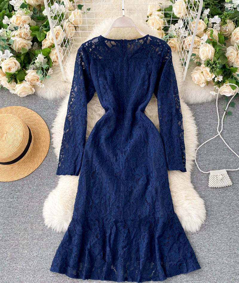 Blue round neck lace short dress long sleeve dress 955