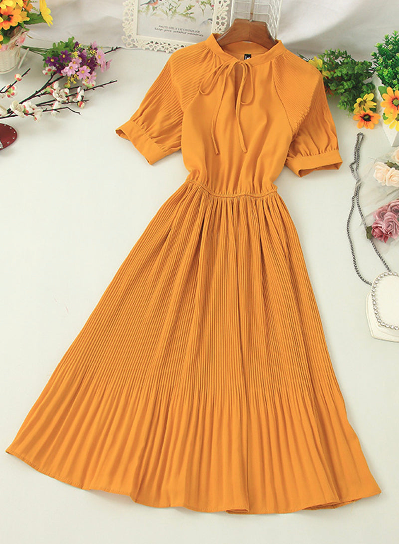 Simple A line pleated dress fashion girl short sleeve dress 1204