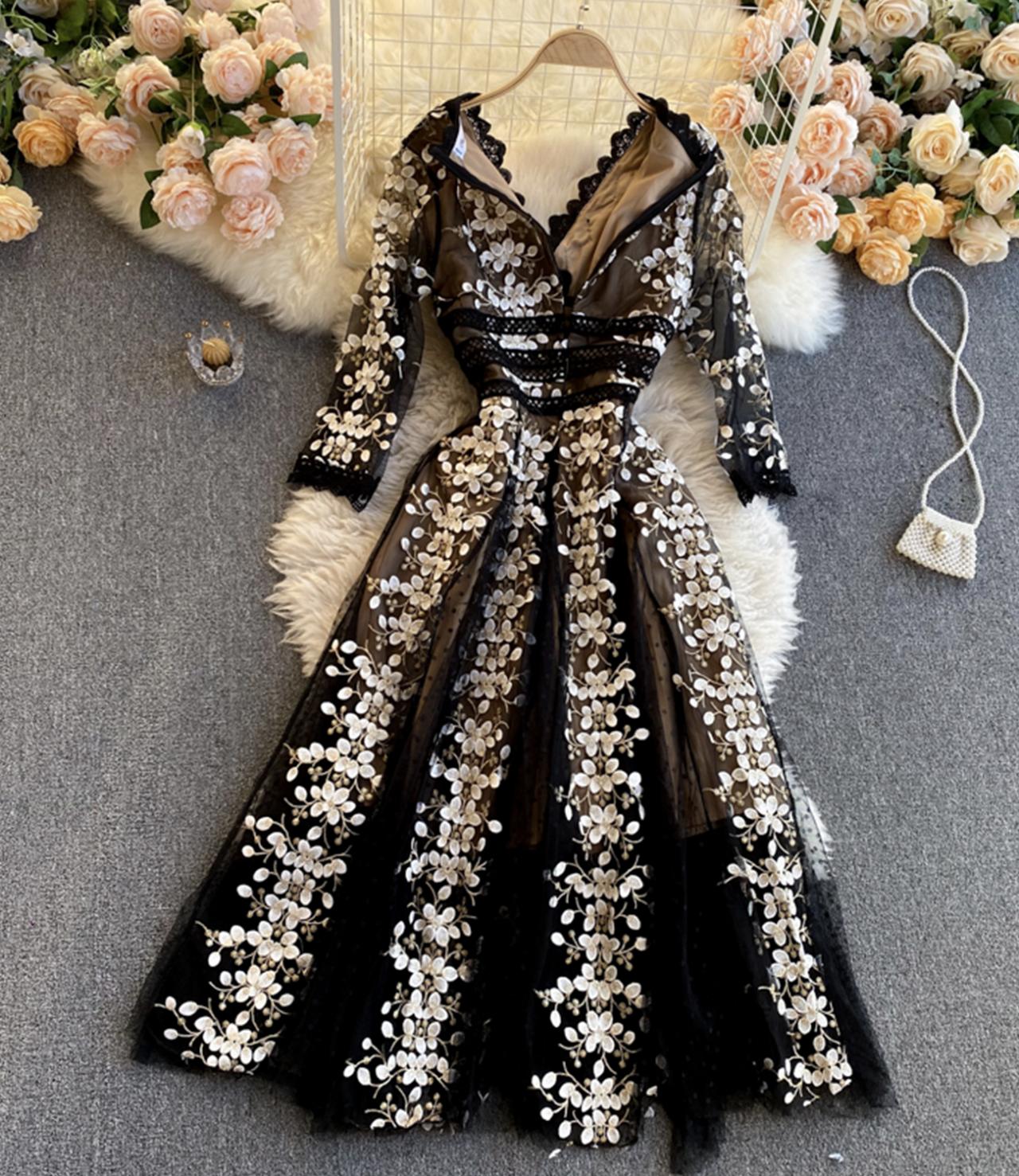Black v neck lace dress A line party dress 827