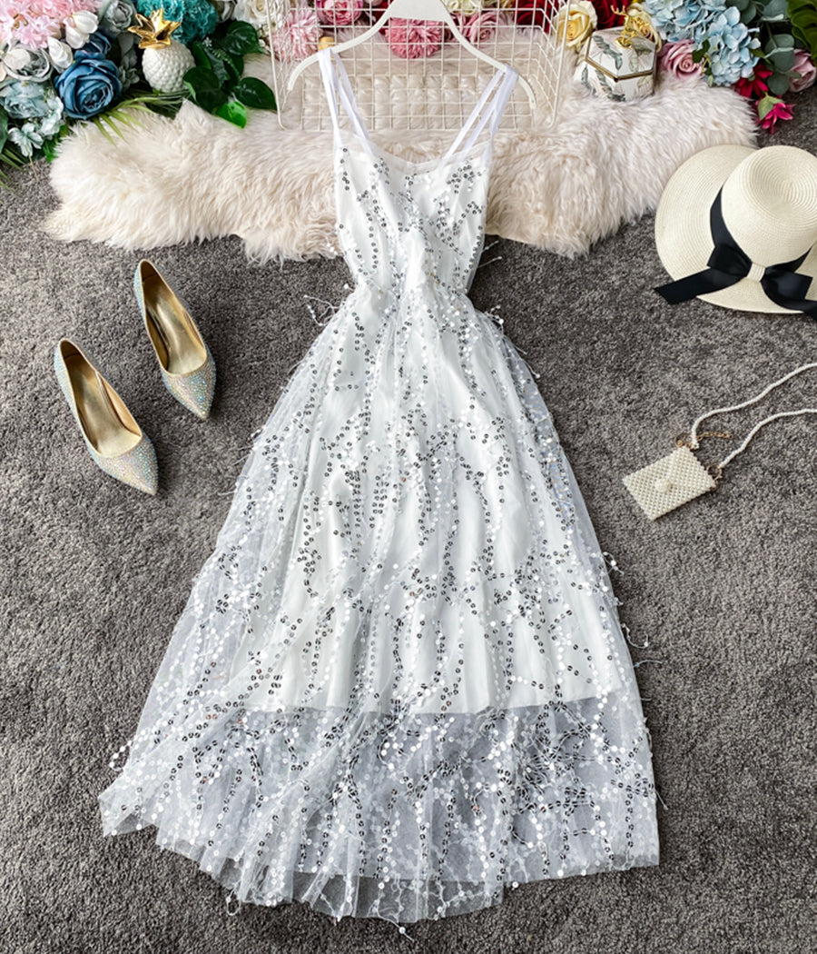 Stylish v neck tulle sequins dress fashion girl dress 1241