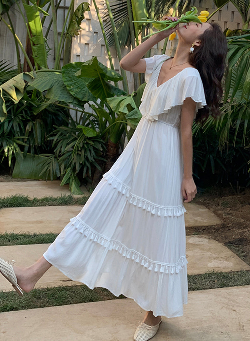 Robe blanche à franges et col en V pour fille 1212