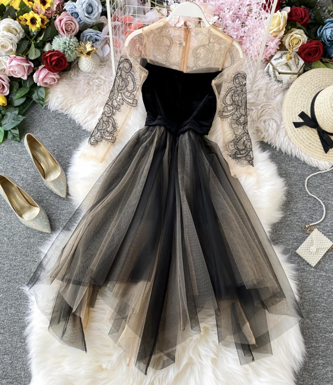 Black A line long sleeve dress fashion dress 731