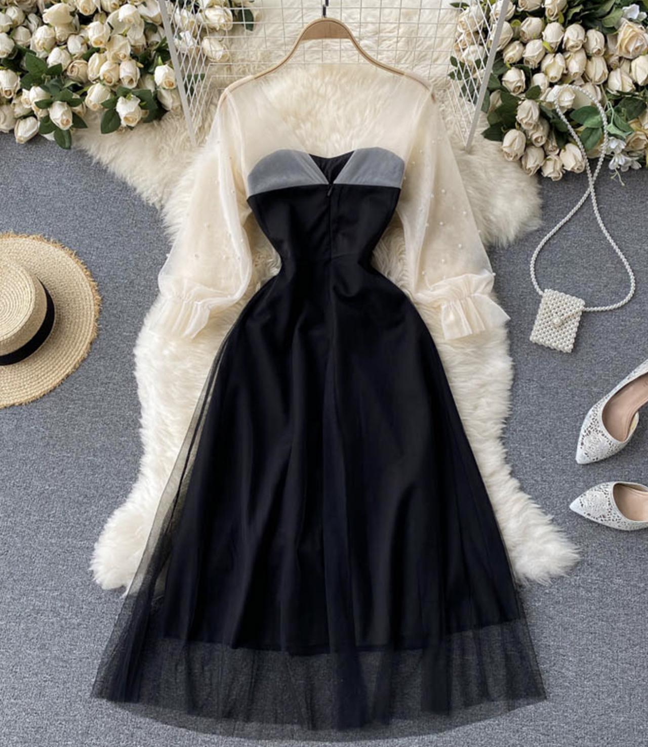 Black A line tulle short dress fashion dress 732