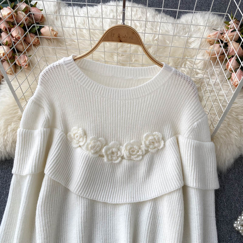 Schöner Blumen-Langarm-Pullover mit Rundhalsausschnitt 005