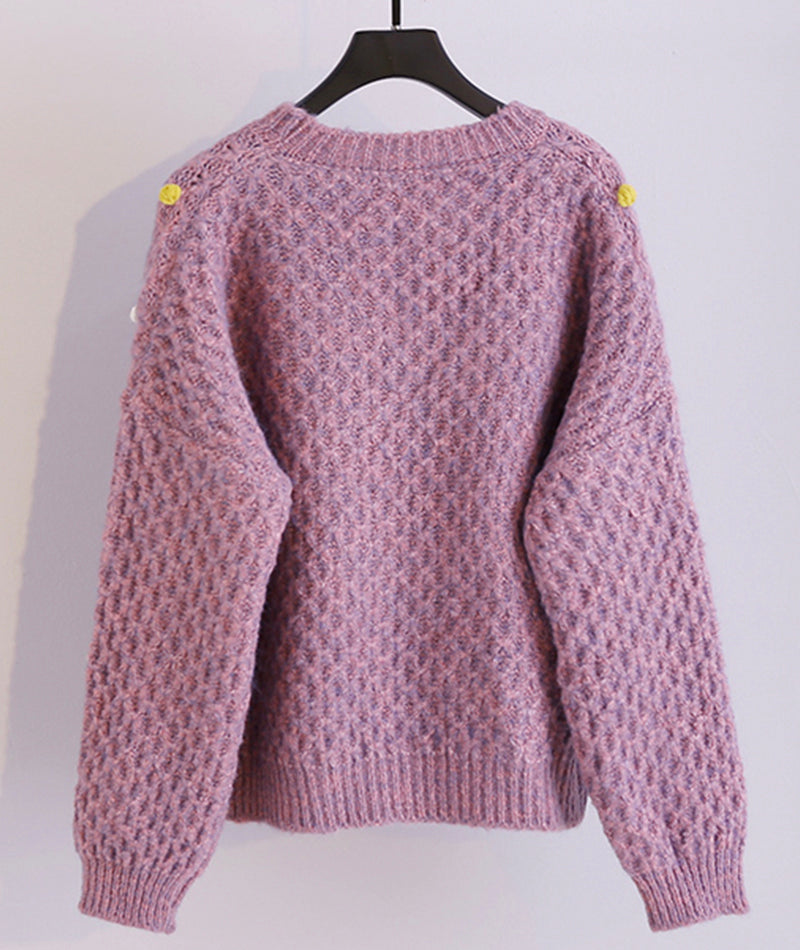 Chunky Pullover mit Rundhalsausschnitt und bunten Bommeln 062