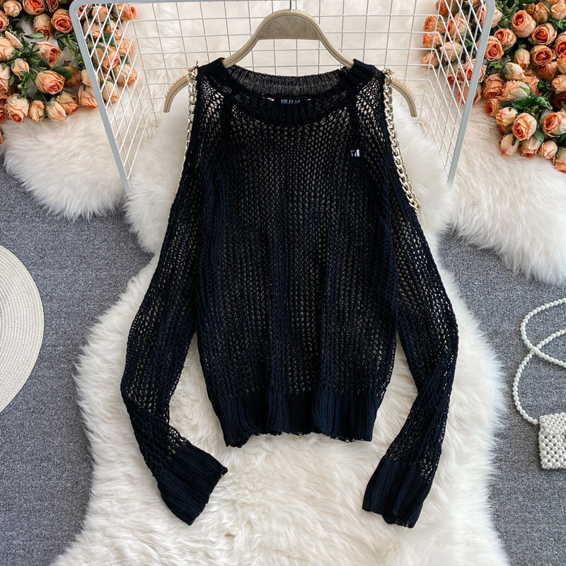 Süßer Pullover mit langen Ärmeln und Cut-outs, schulterfreier Pullover 038