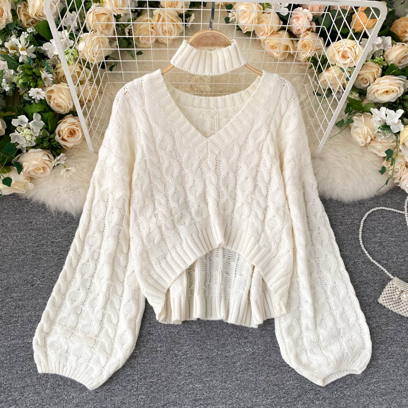 Pull long à col en V et tricot torsadé vintage 024