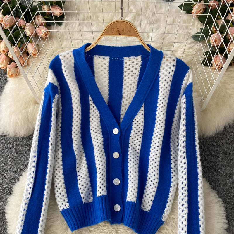 Pull cardigan court à manches longues à rayures simples 008