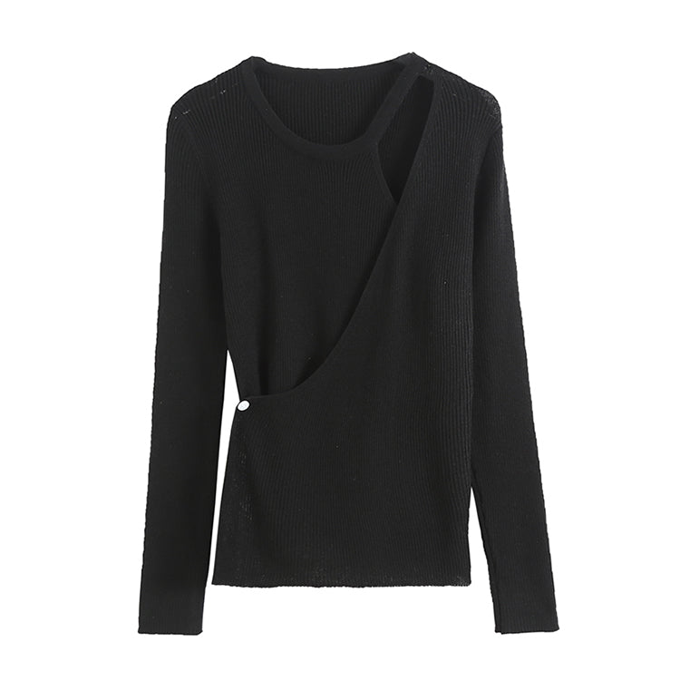 Design sense irregular knit shirt female autumn slim fit pure color bottomed shirt 7267