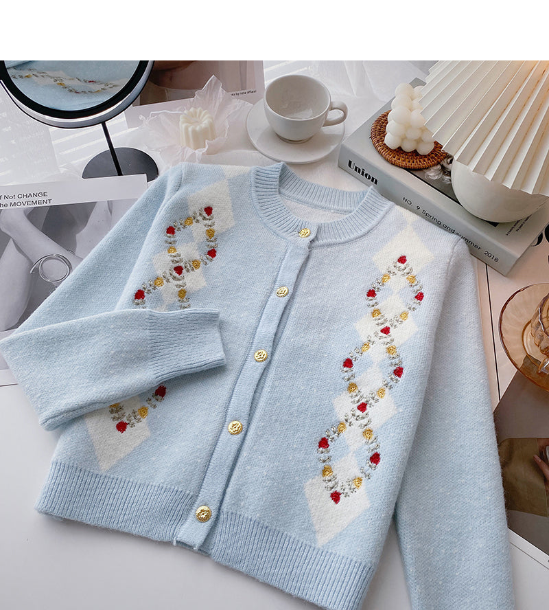 Vintage Embroidered Floral contrast Crew Neck Sweater Cardigan 6078