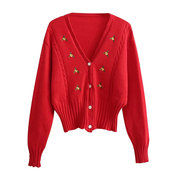 Manteau cardigan court en tricot à manches longues et col en V brodé 7402