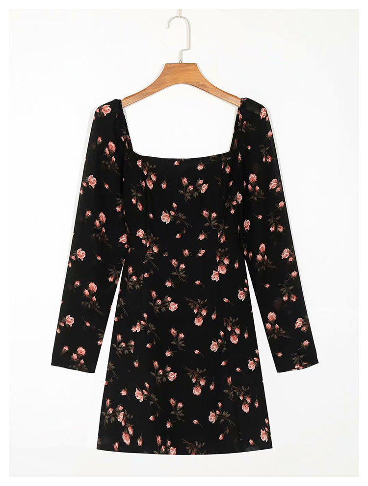 Square neck long sleeve slim waist floral print dress 7050