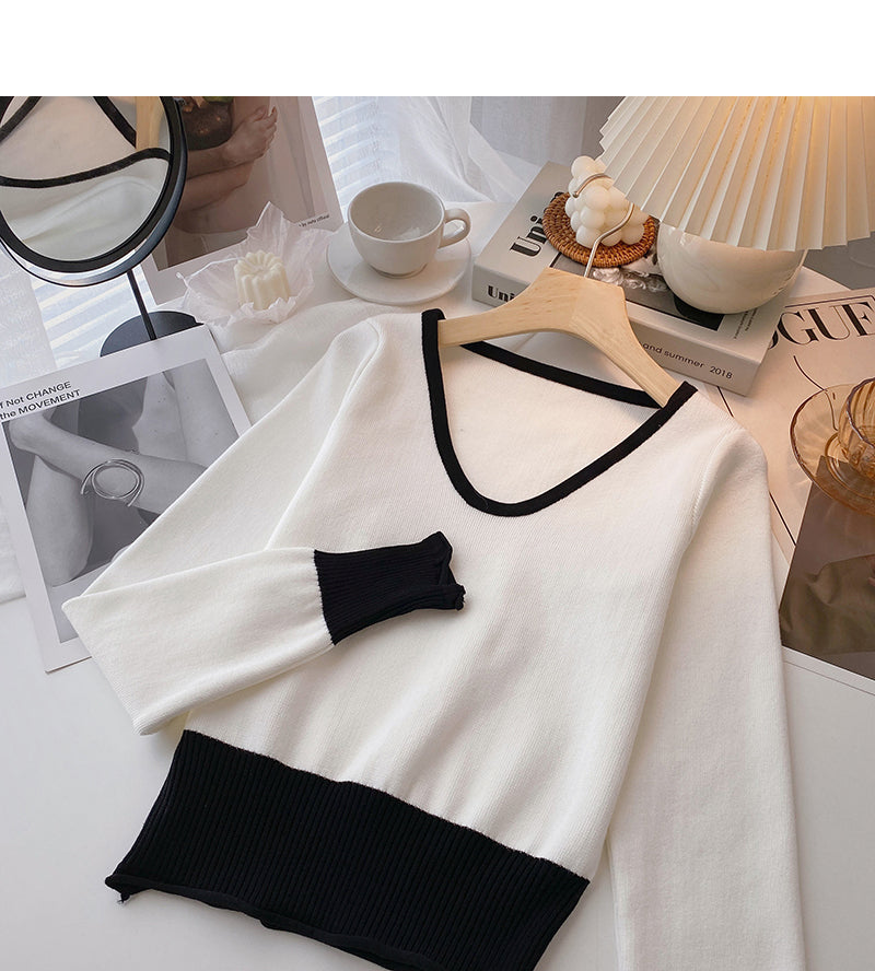 Versatile design contrast V-Neck long sleeve top 6694