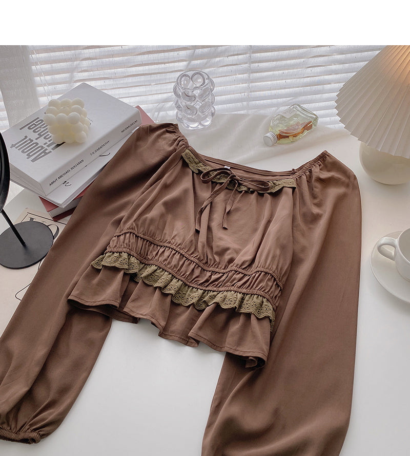 Fashion Lace Panel short long sleeve square neck top 6293