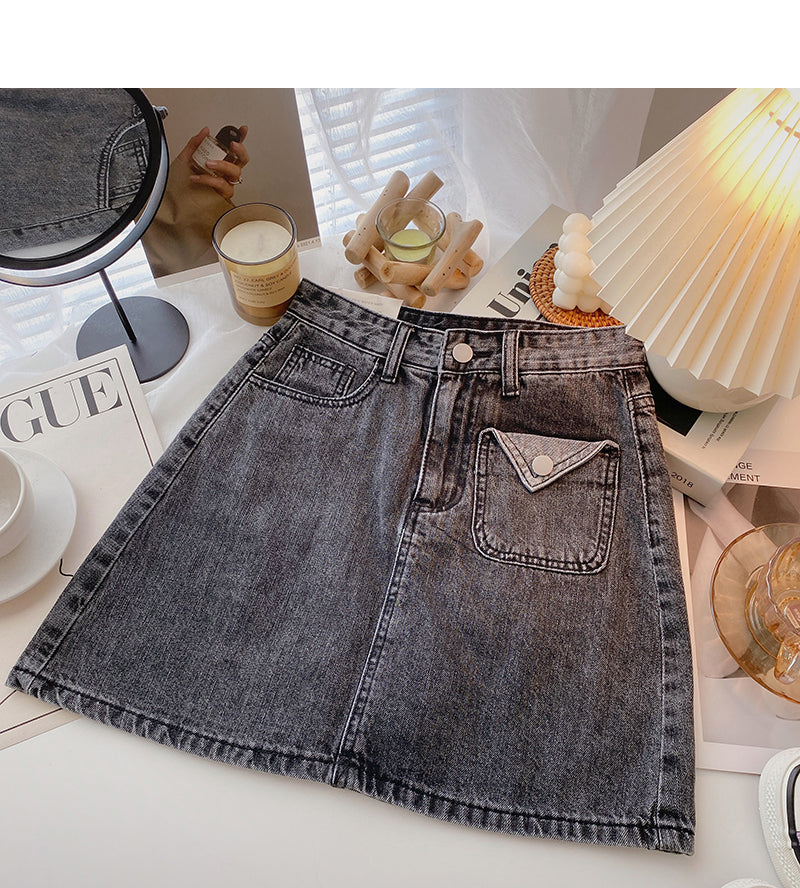 Korean design sense personality small pocket high waist short skirt fashion 5595