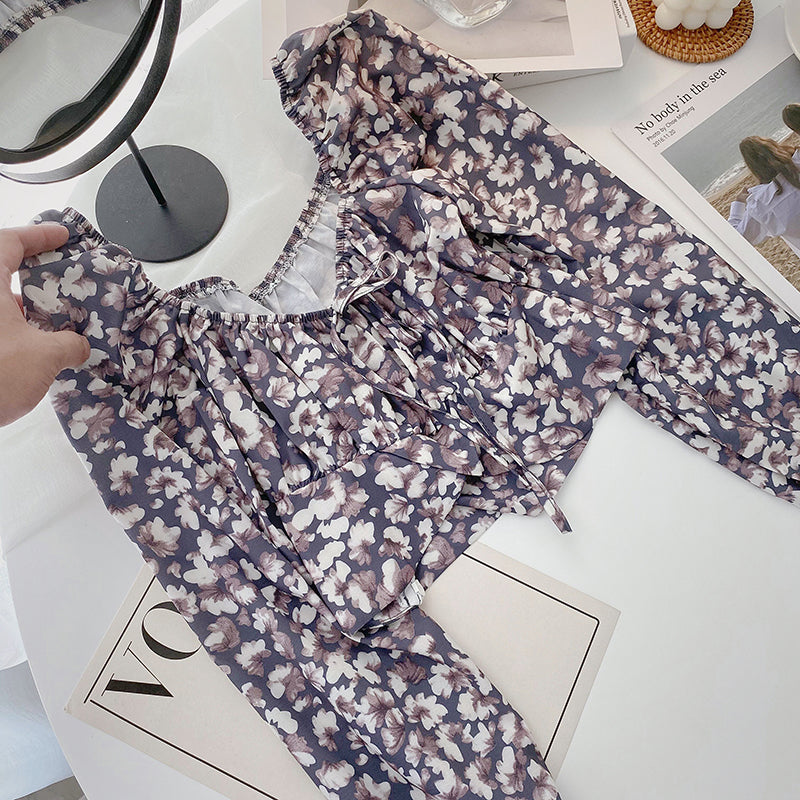 French Vintage Floral square collar collarbone shirt 6300