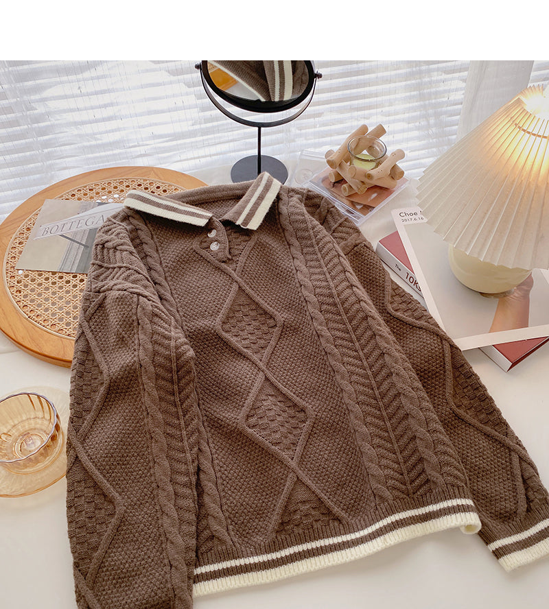 Lapel contrast long sleeve twist sweater 6148