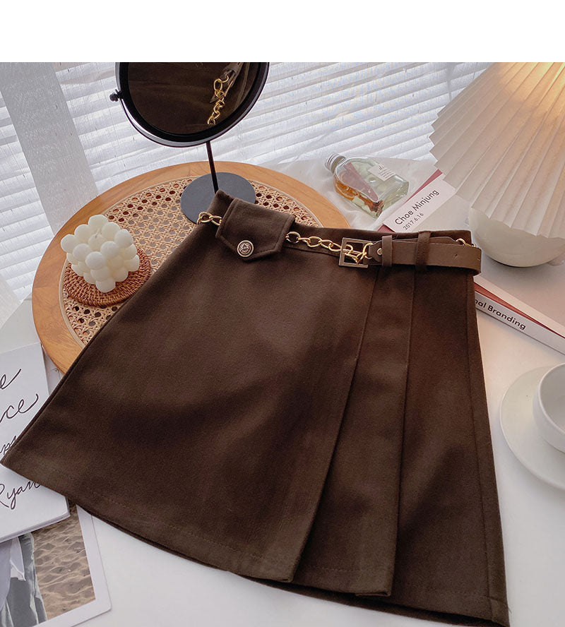 Small design retro chain high waist A-line skirt with belt 5458