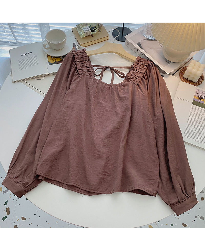 Small design bandage square neck thin long sleeve loose top 6317