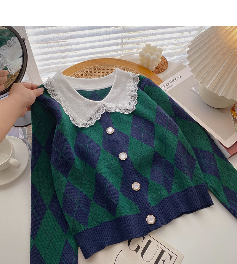 Lace doll neck slim Vintage plaid sweater 6466