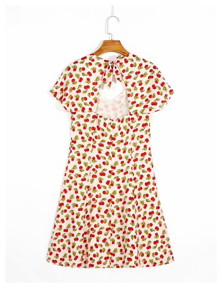 Can salt can sweet niche dress retro square neck print open back messy lace-up skirt 7028