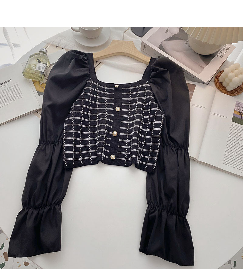 French bubble sleeve square neck Plaid top 6322