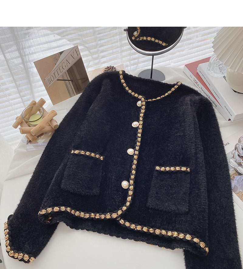 Pearl button small fragrance sweater coat 5994