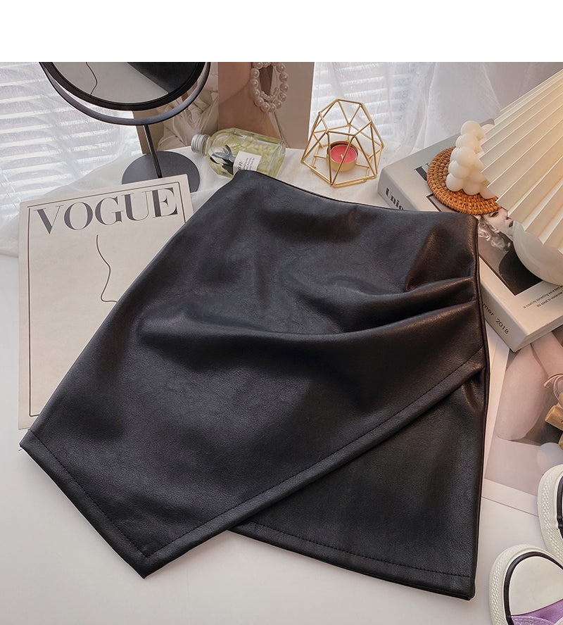 Korean irregular PU leather high waist wrap hip slim fashion skirt 5378