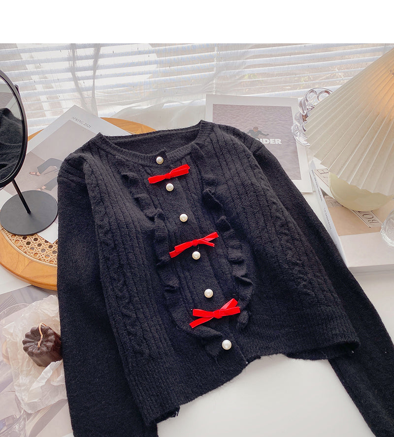 Bow round neck pearl button sweater sweet long sleeve top 6074