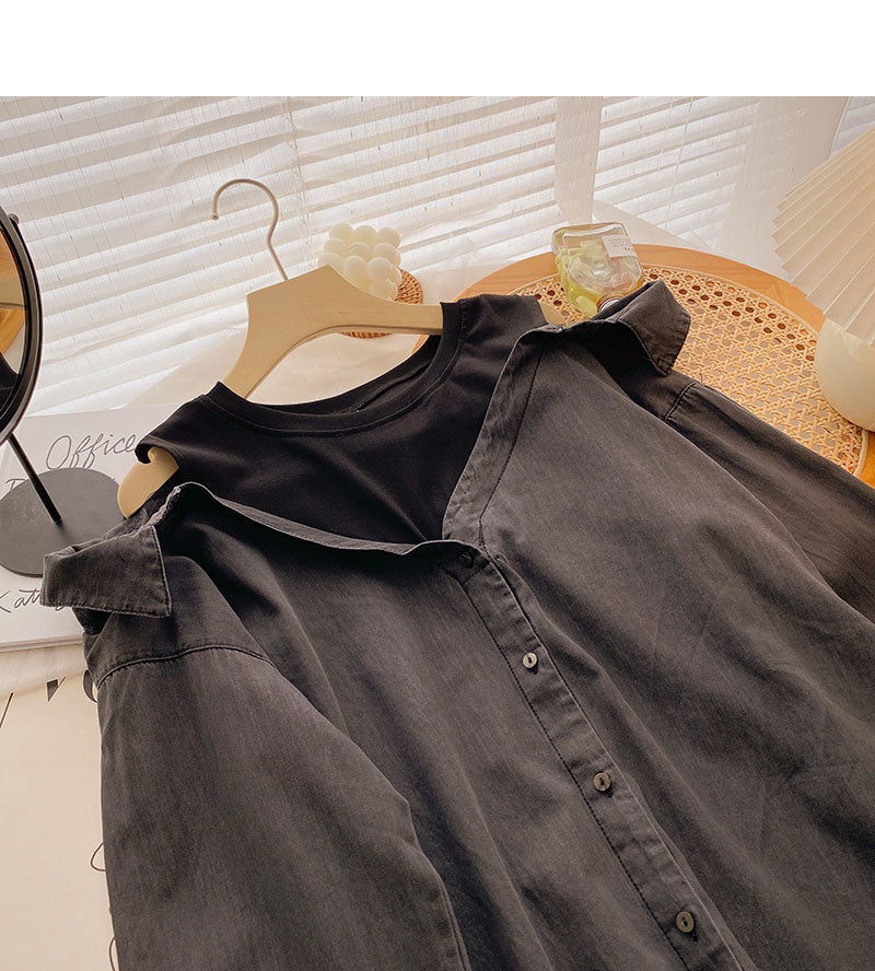 Vintage washed denim shirt women's Korean loose top 6288