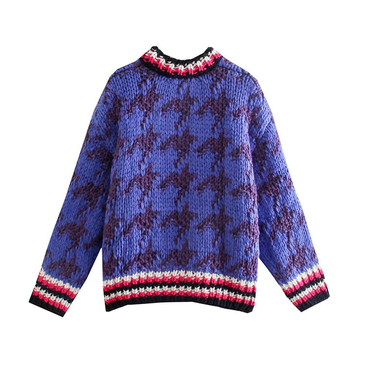Mehrteiliger Jacquard-Pullover mit kontrastierenden Vogelkaros, Damenpullover 7492